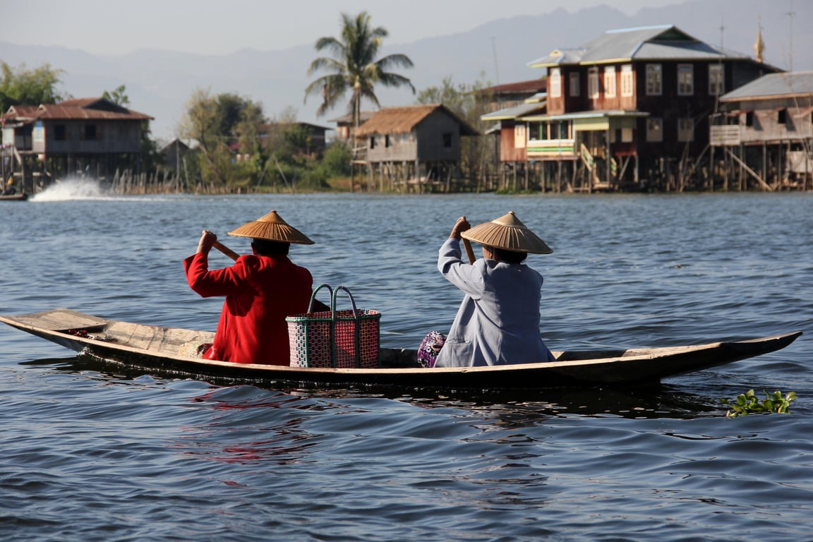 deep-V fishing boat on lake