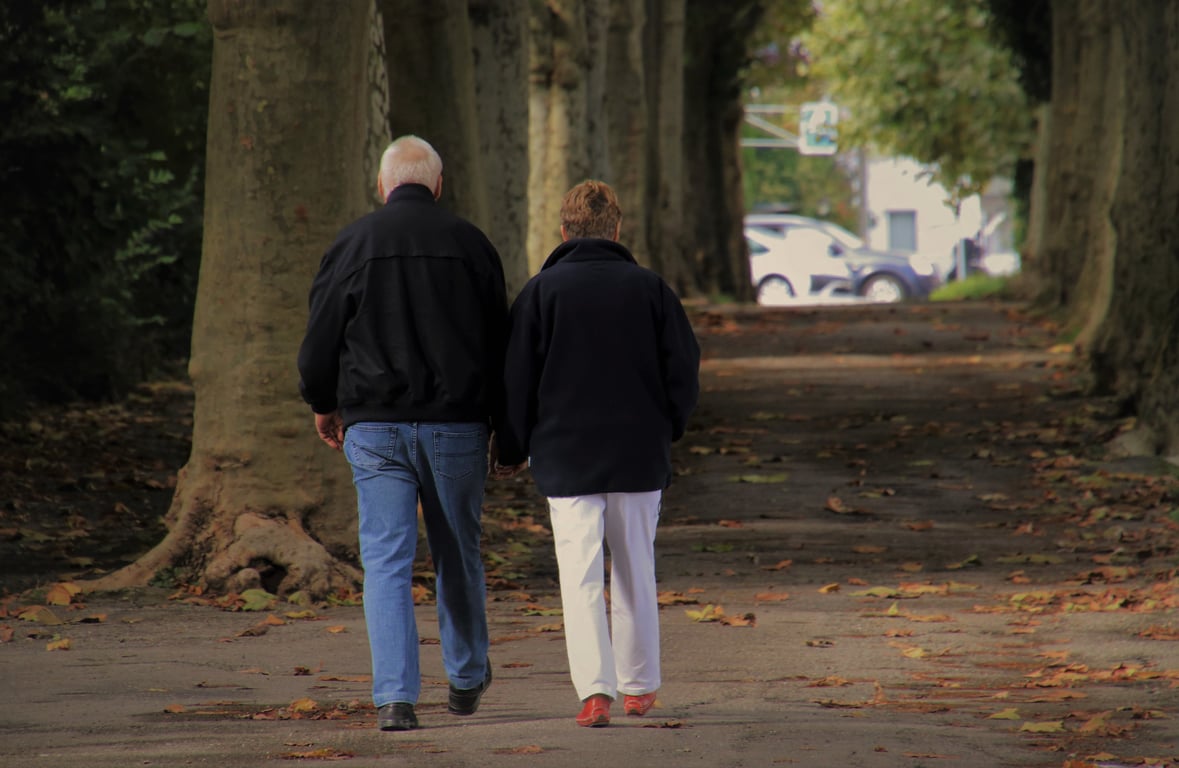 senior couple walking in park