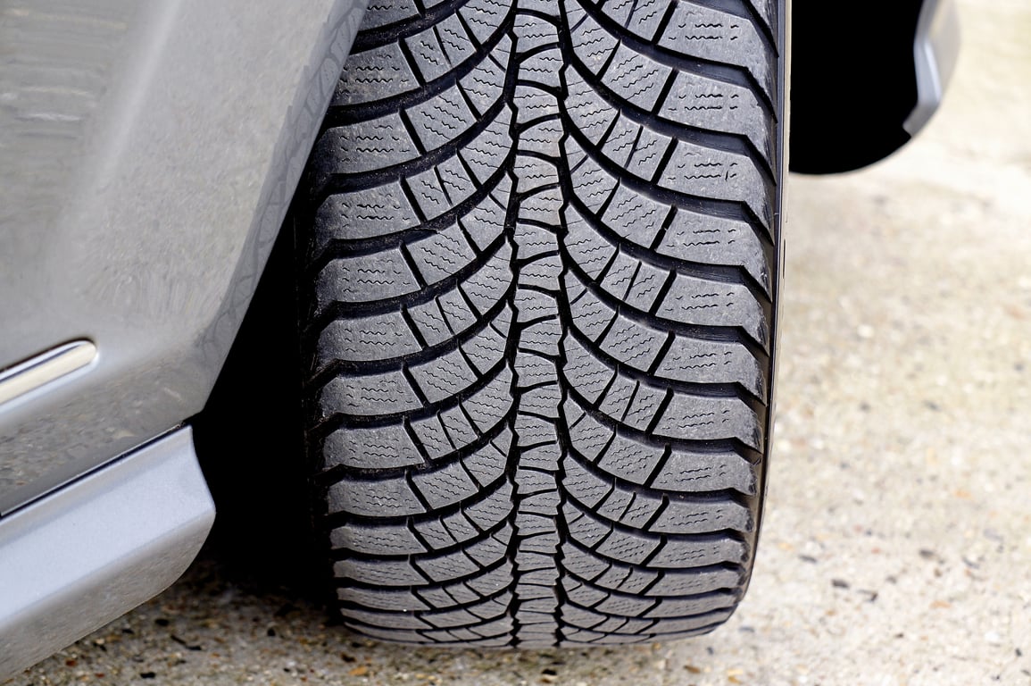 sports car tire tread on wet road