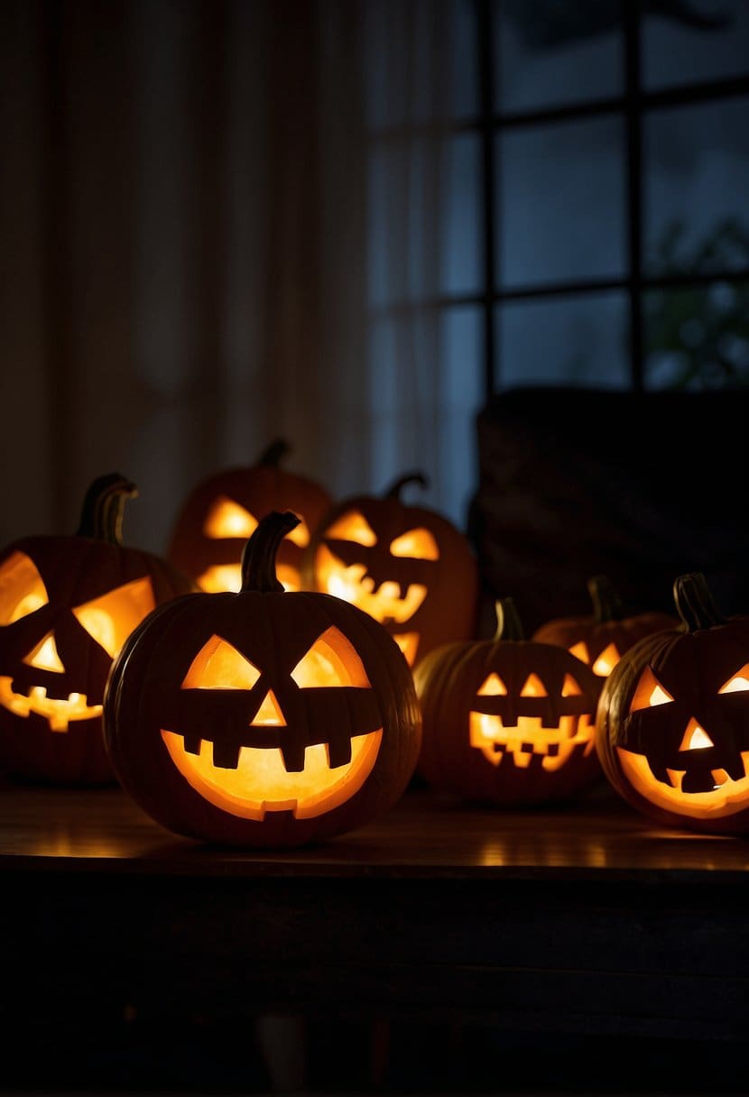 Plusieurs lanternes Jack-O'-Lanterns émettent une lueur étrange, projetant des ombres effrayantes dans un salon faiblement éclairé sur le thème d'Halloween