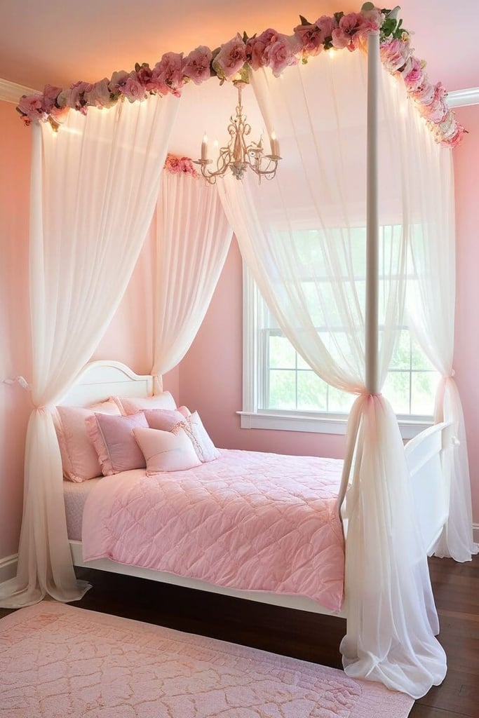 Dreamy teenage girl's bedroom with pink canopy bed, fairy lights, and pastel decor creating magical atmosphere