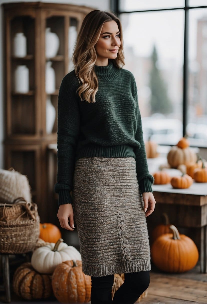 A cozy chunky knit sweater paired with a stylish midi skirt, creating a chic and comfortable Thanksgiving outfit for women