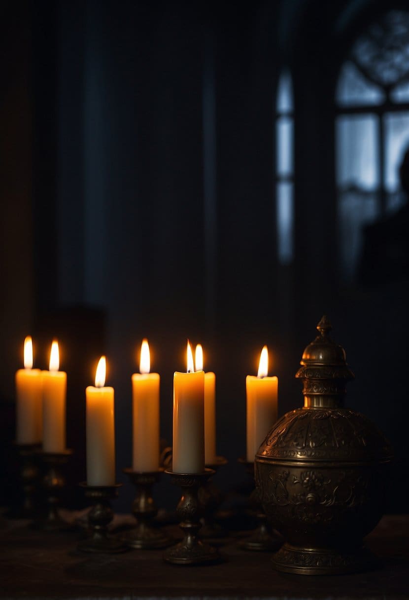 Des bougies vacillantes projettent des ombres étranges sur des portraits hantés dans un salon sur le thème d'Halloween