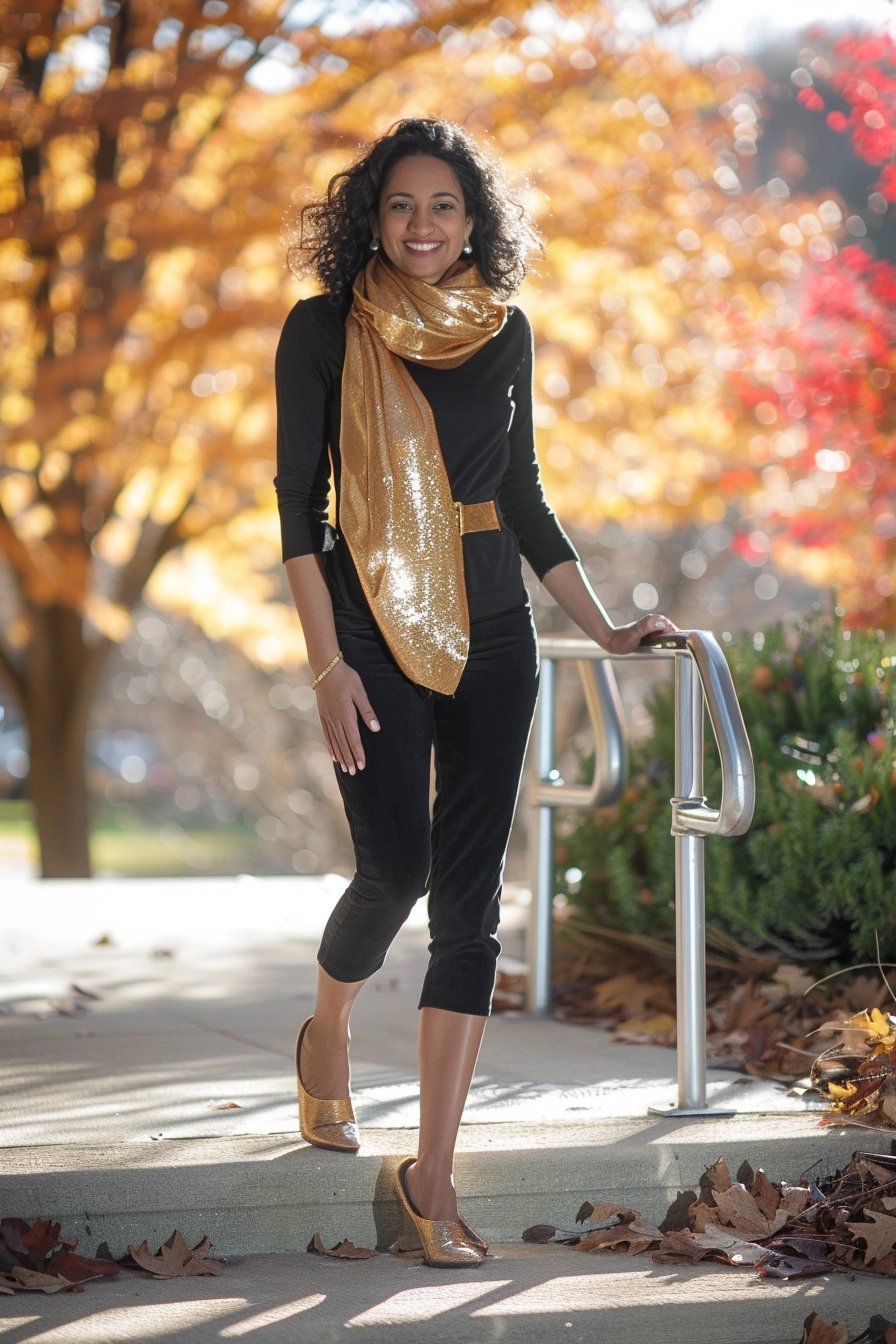Try adding a shimmering scarf or metallic shoes to your outfit
