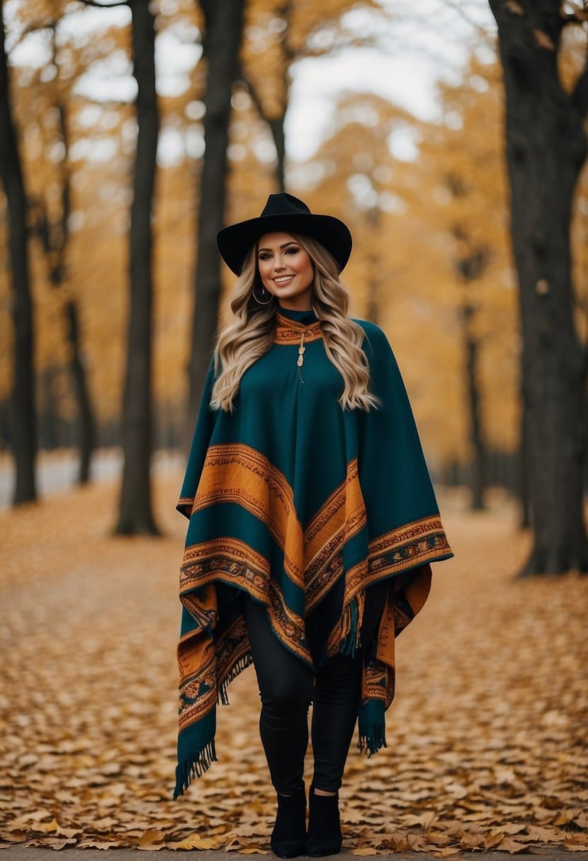 A cape or poncho paired with leggings. Thanksgiving outfit ideas for women. Vibrant and stylish