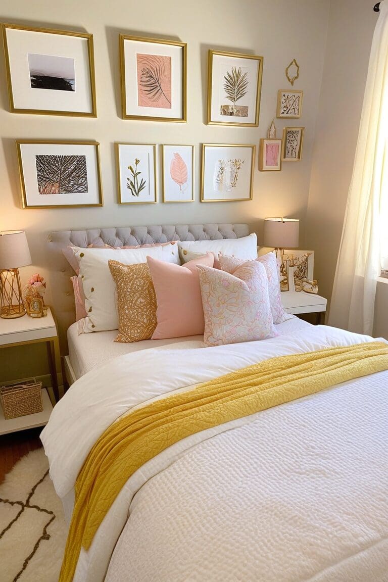 Cozy teen bedroom featuring eclectic gallery wall, white desk, plush bedding, and warm fairy lights