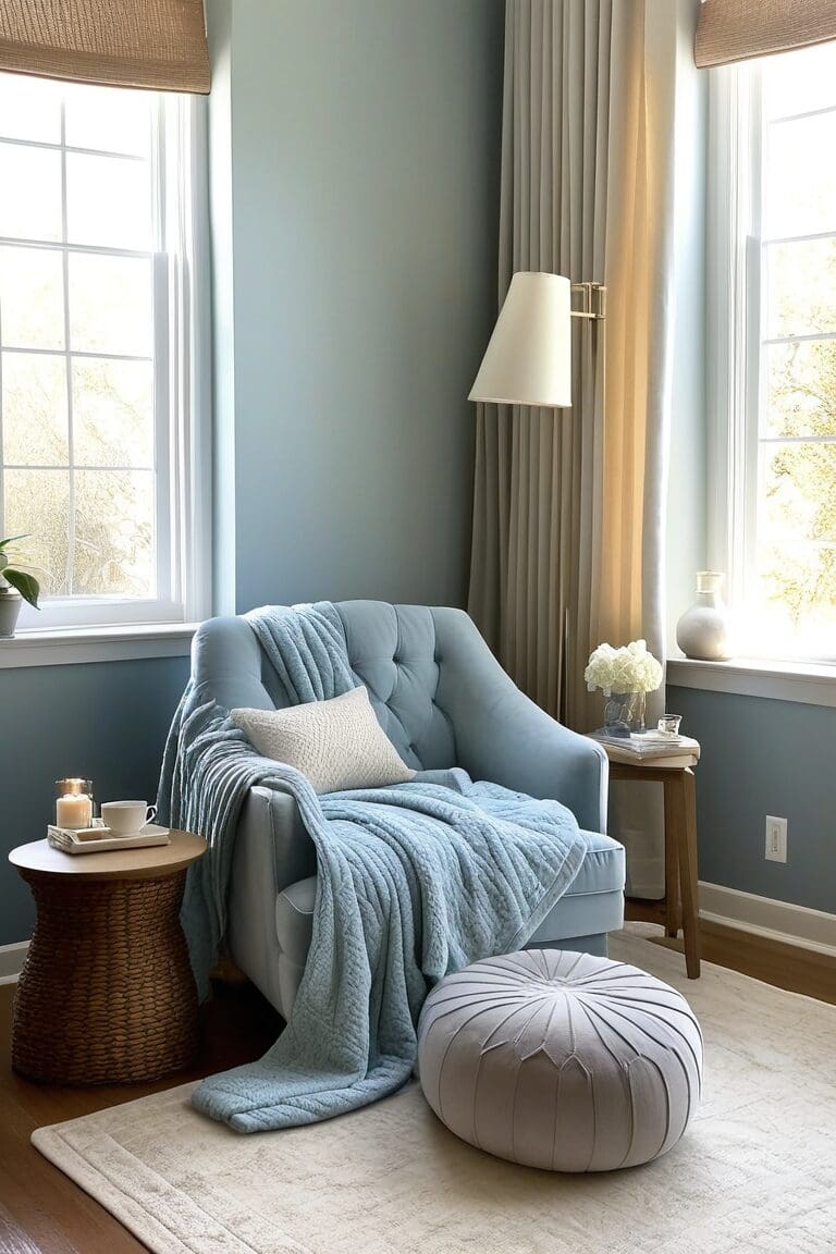 Cozy bedroom reading nook with blue velvet armchair, cream throw, and soft lighting near bay window