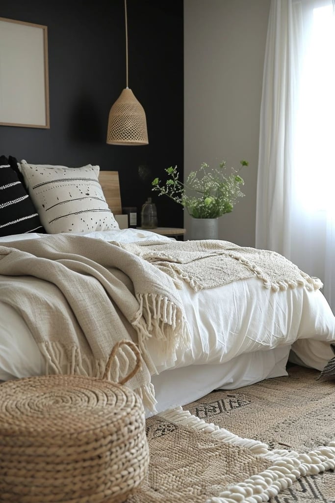 black and cream bedroom with Natural Light