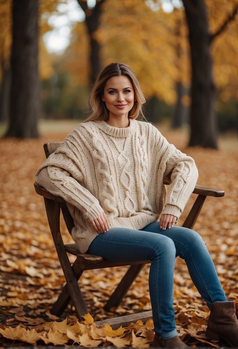A cozy cable knit sweater paired with mom jeans lies neatly folded on a rustic wooden chair, surrounded by fallen autumn leaves