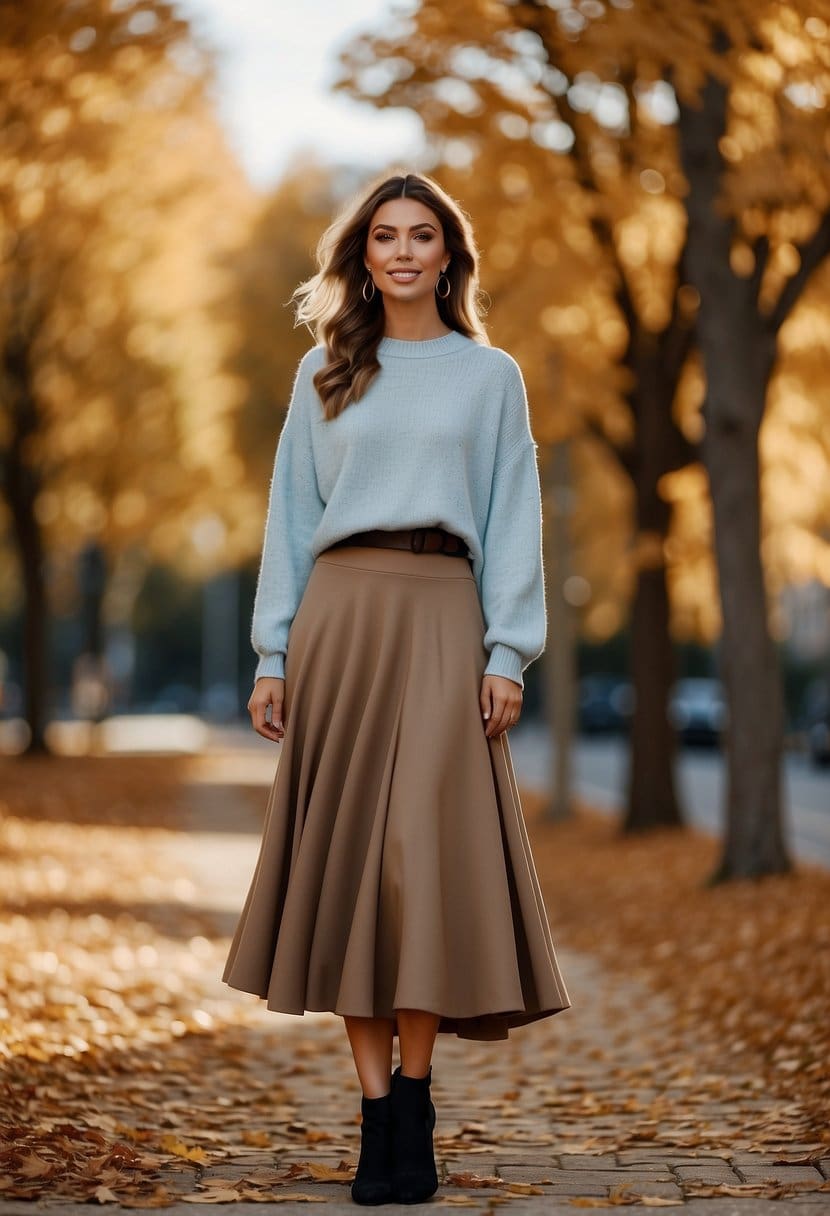 A cozy sweater paired with a flowing midi slip skirt, set against a backdrop of autumn leaves and a crisp blue sky