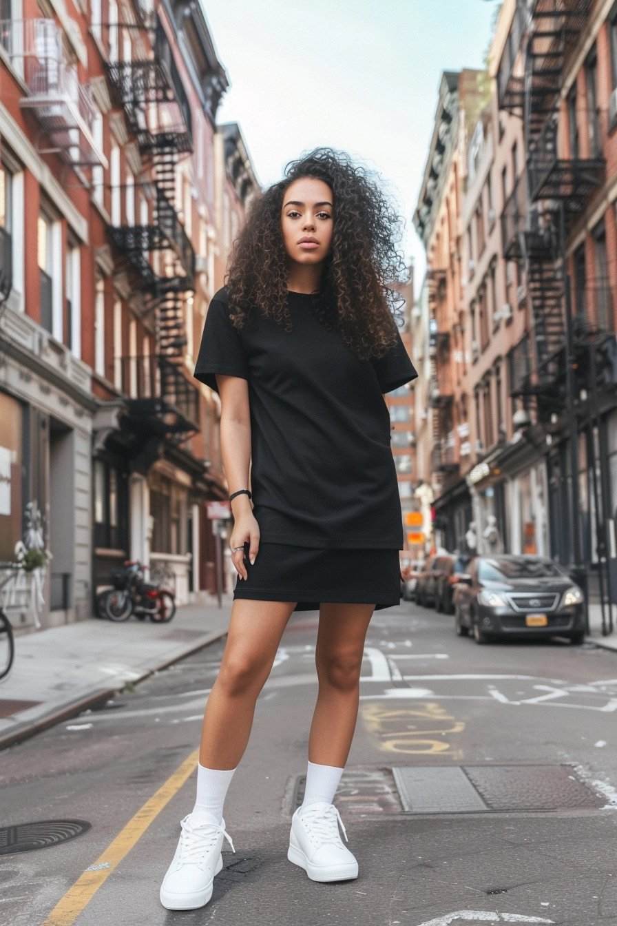 female with T-shirt Dress + Sneakers