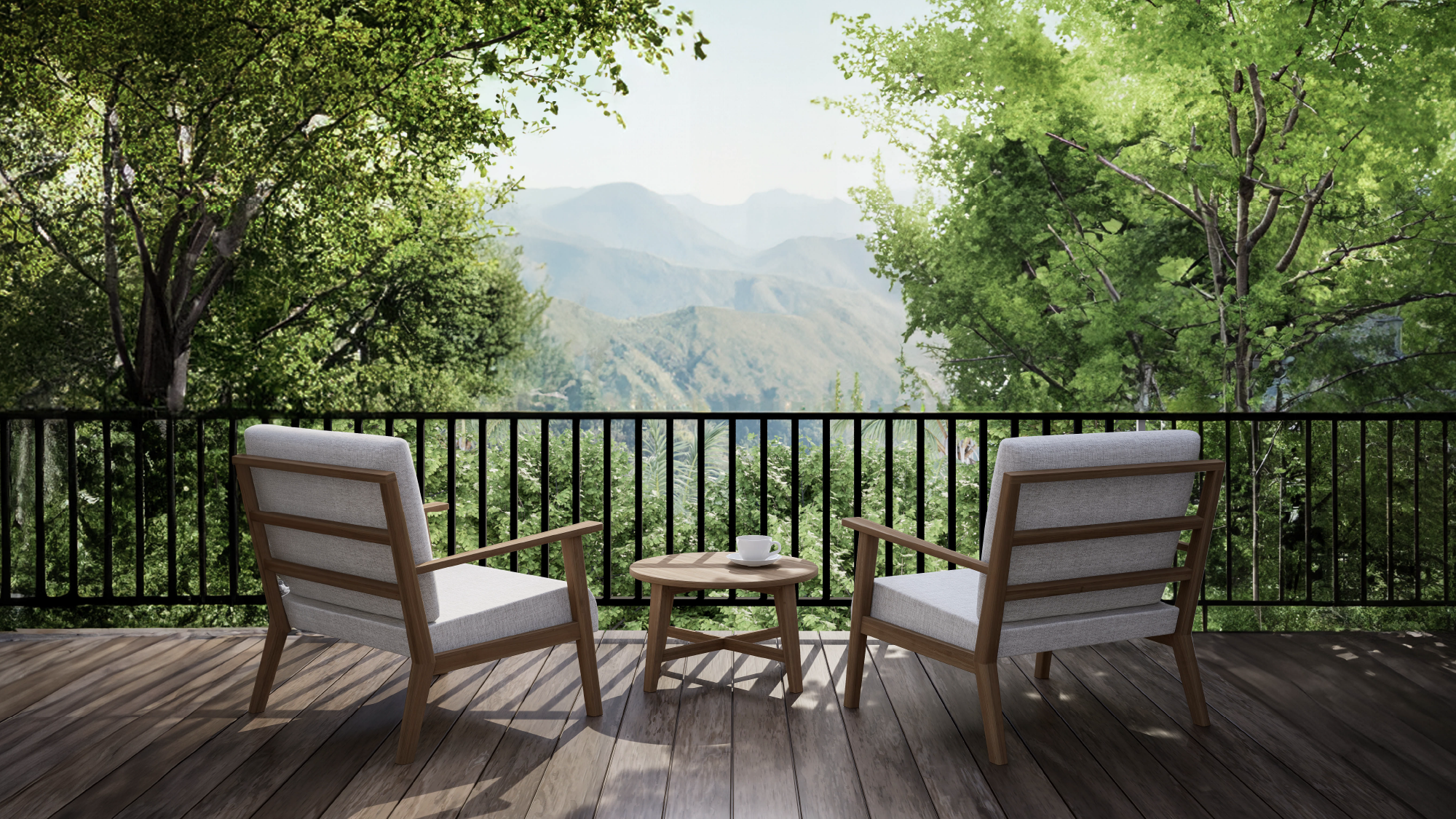 The Reya's elegant outdoor space with views of vibrant green surroundings