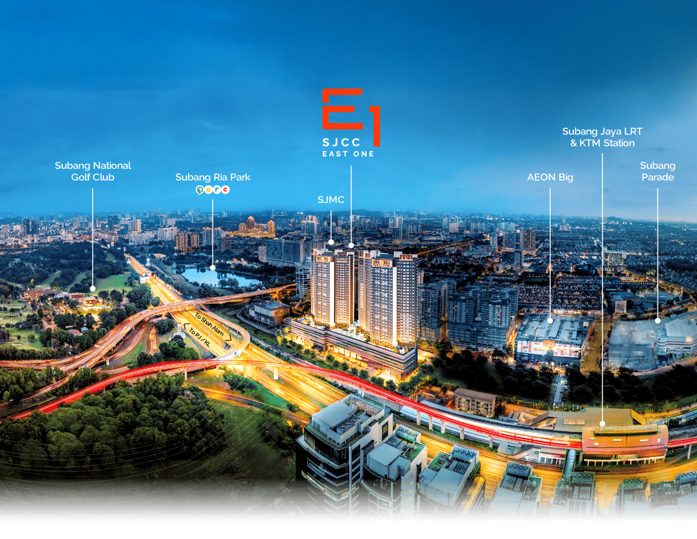 Aerial view of SJCC East One in Subang Jaya City Centre with nearby landmarks