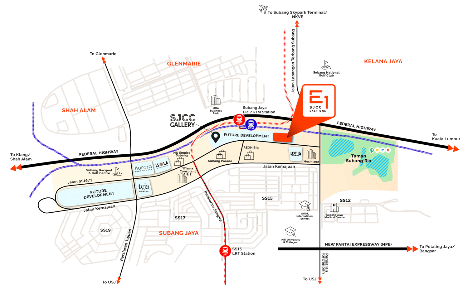 Location map of SJCC East One showing proximity to Subang Jaya LRT station, shopping malls, and schools