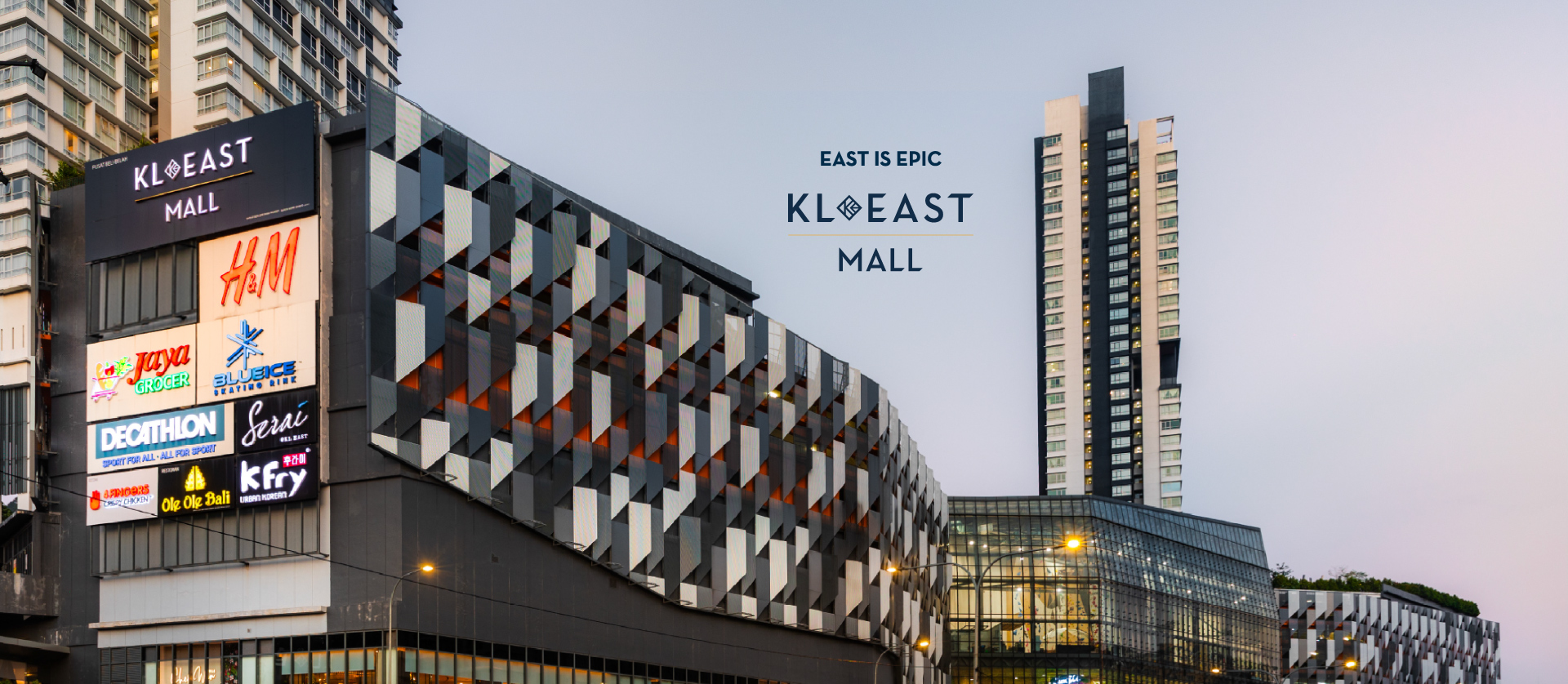 Front view of KL East Mall in the morning, main entrance and shops