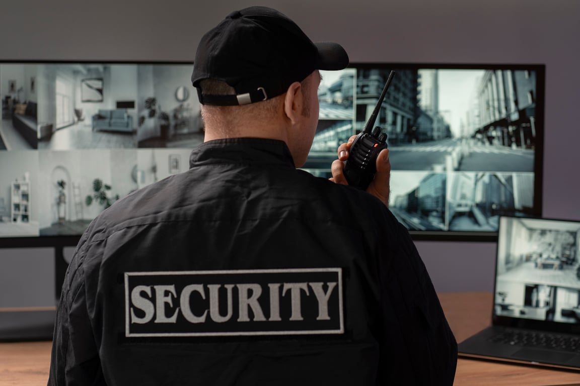 A security guard holding a radio while looking at screens in a monitoring centre