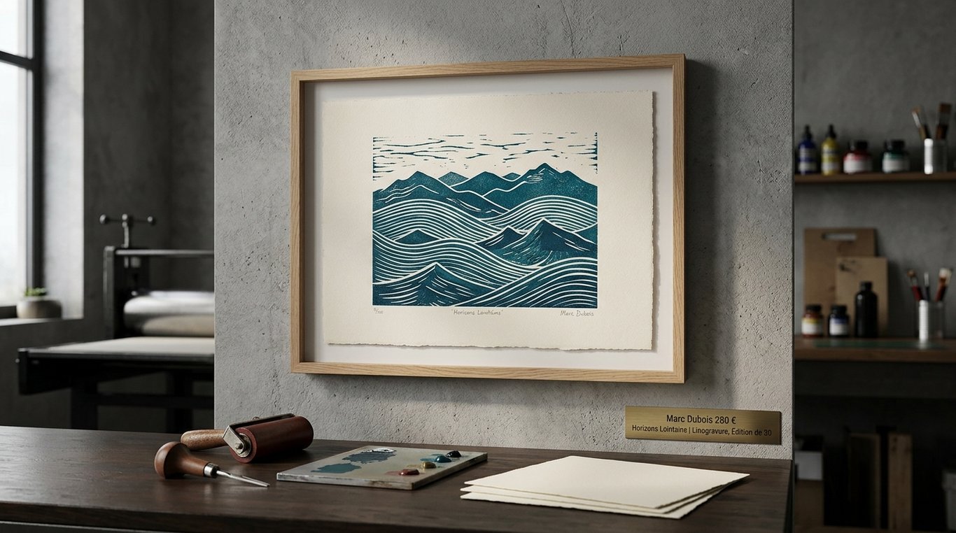 Linogravure représentant un paysage minimaliste