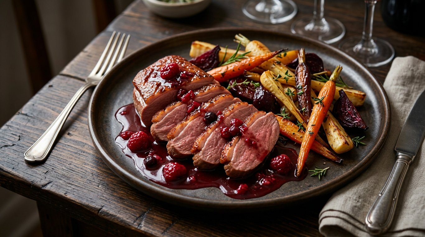 Magret de canard rosé accompagné d’une sauce aux fruits rouges et légumes racines rôtis