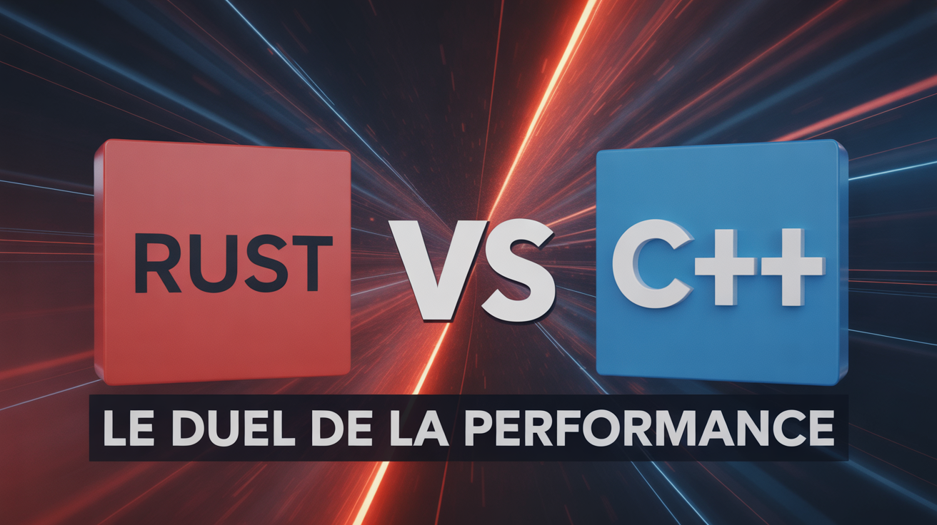 Deux crabes robotiques (mascotte Rust) affrontant un robot industriel classique dans une arène de code binaire