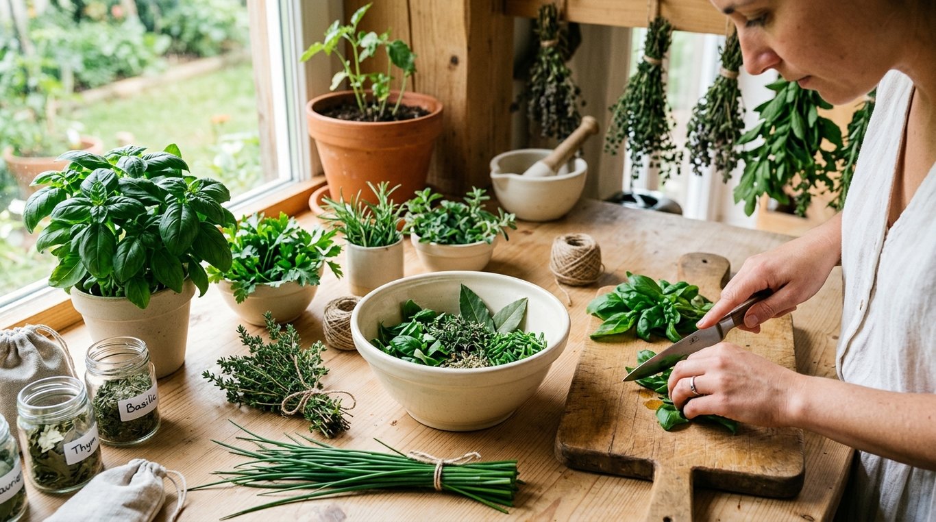 Sachet de graines d’herbes aromatiques sur un support beige texturé