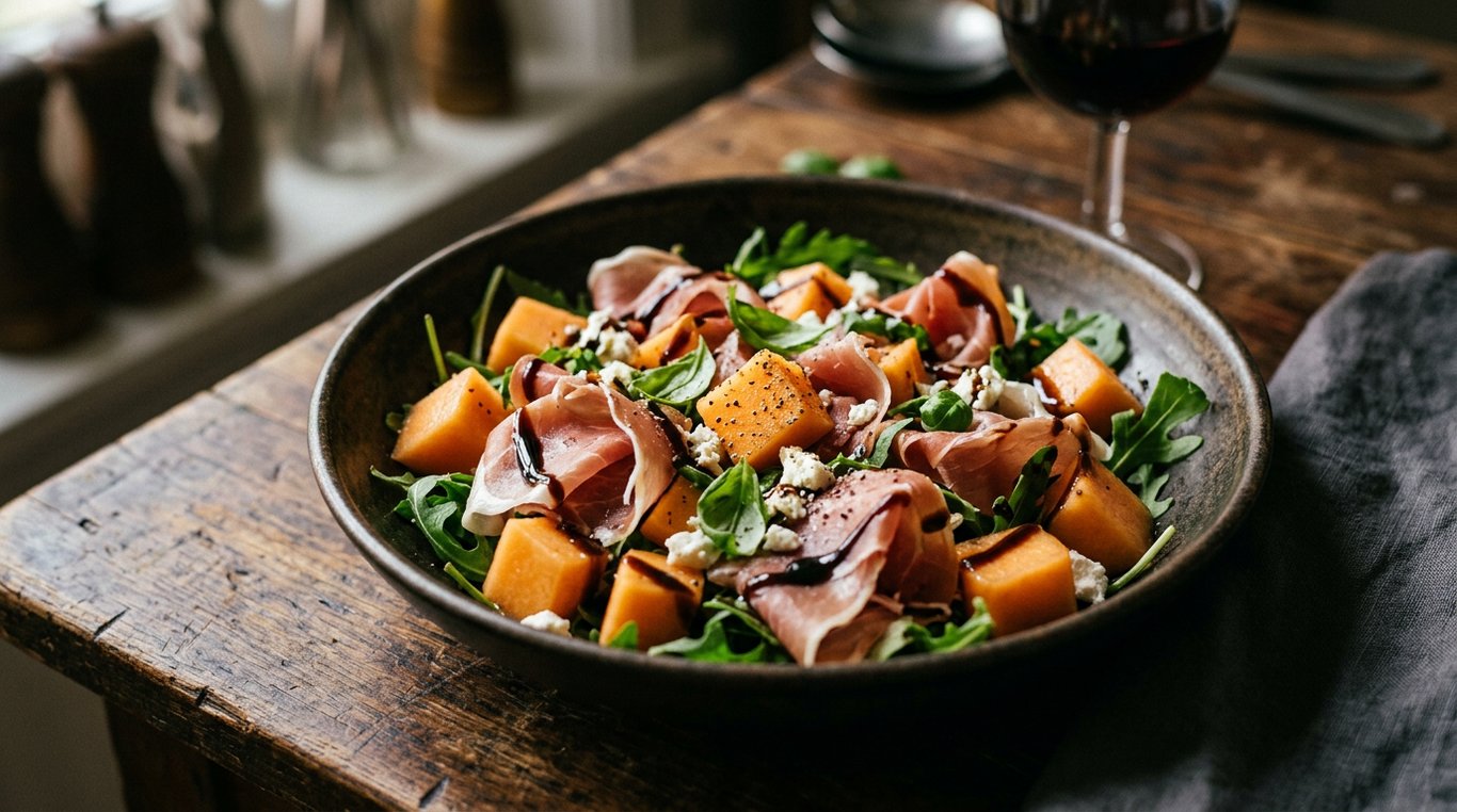 Salade fraîche colorée avec cubes de melon, jambon cru et réduction balsamique