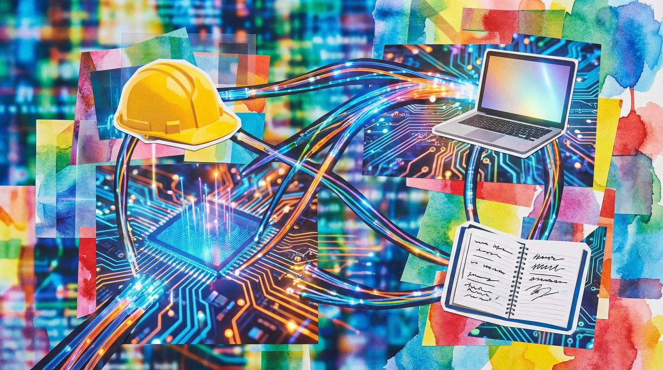 Collage abstrait représentant différents outils de travail connectés par des lignes de réseau numériques