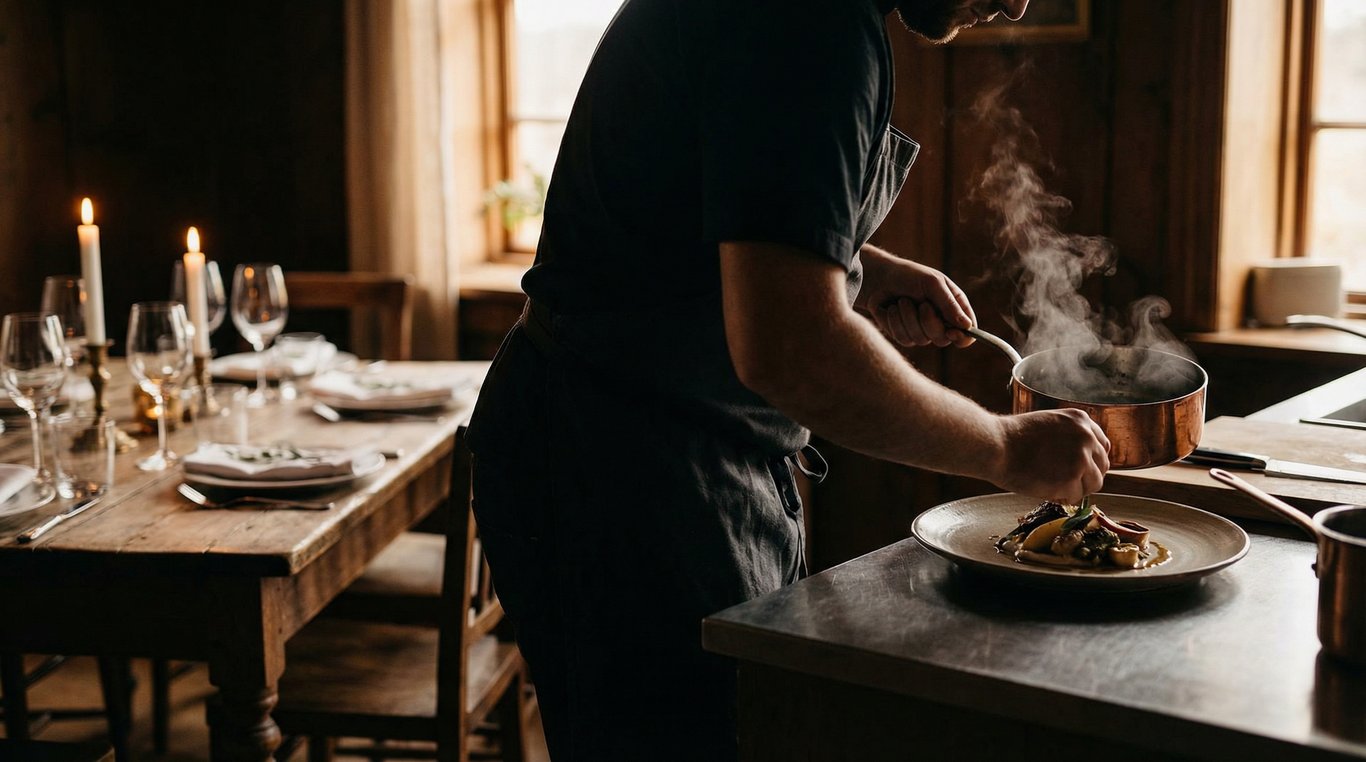 Chef dressant une assiette à domicile
