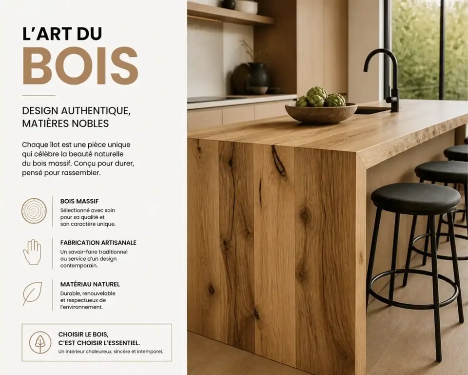 Cuisine avec îlot central en bois, tendance déco 2025.