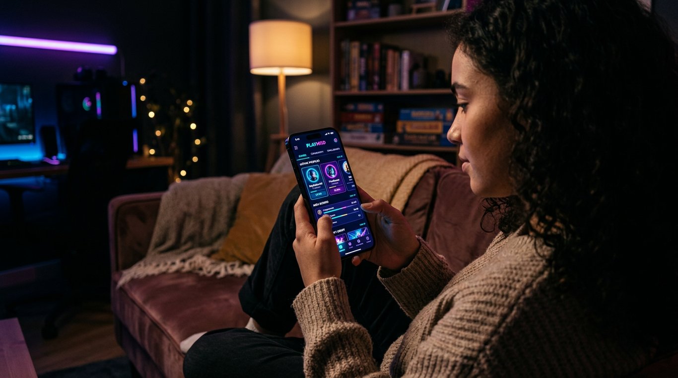 Interface de l'application PlayMod affichée sur un smartphone tenu par un athlète, avec des graphiques néon vert et rose