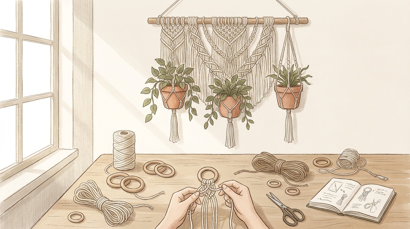 Croquis au crayon montrant des mains en train de nouer une corde de macramé beige autour d'un pot en céramique