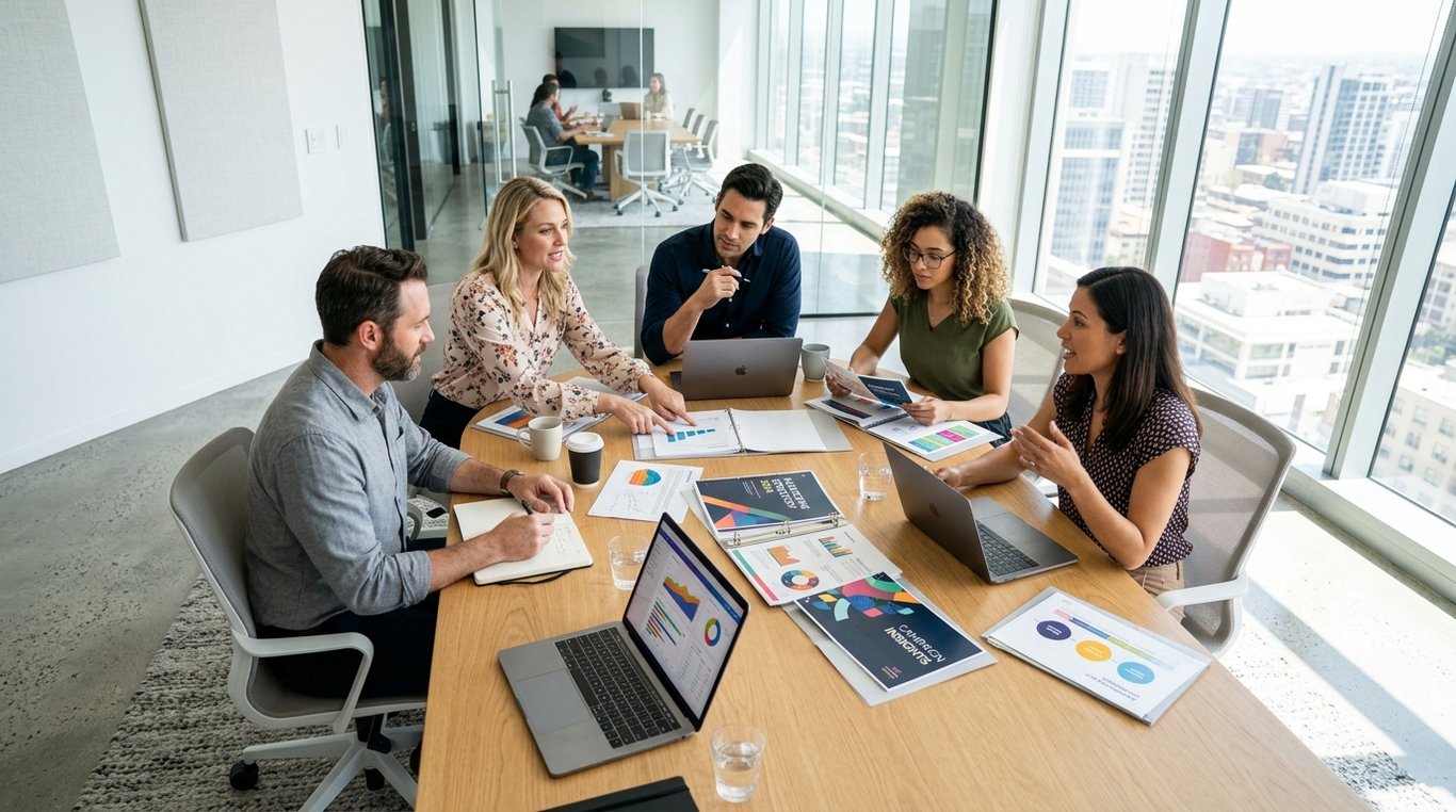Équipe de stratèges marketing préparant un dossier de présentation