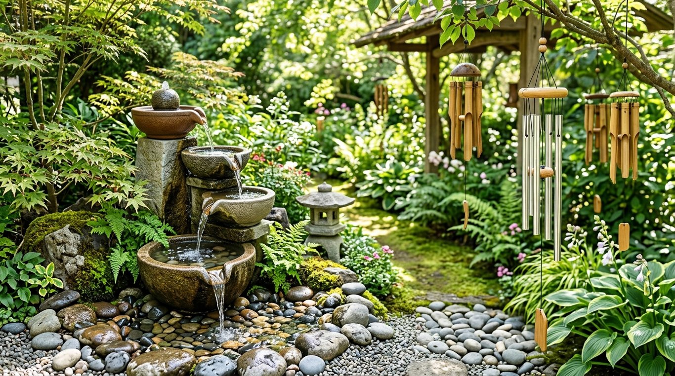 Carillons et fontaine d'extérieur dans un jardin zen, lumière douce du matin