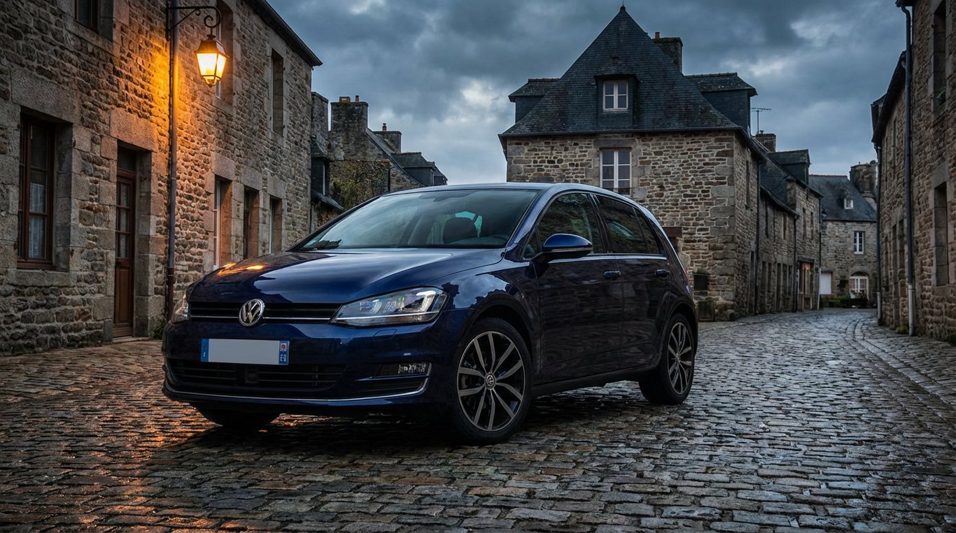 Photo d'une Volkswagen Golf bleue garée sur un parking extérieur