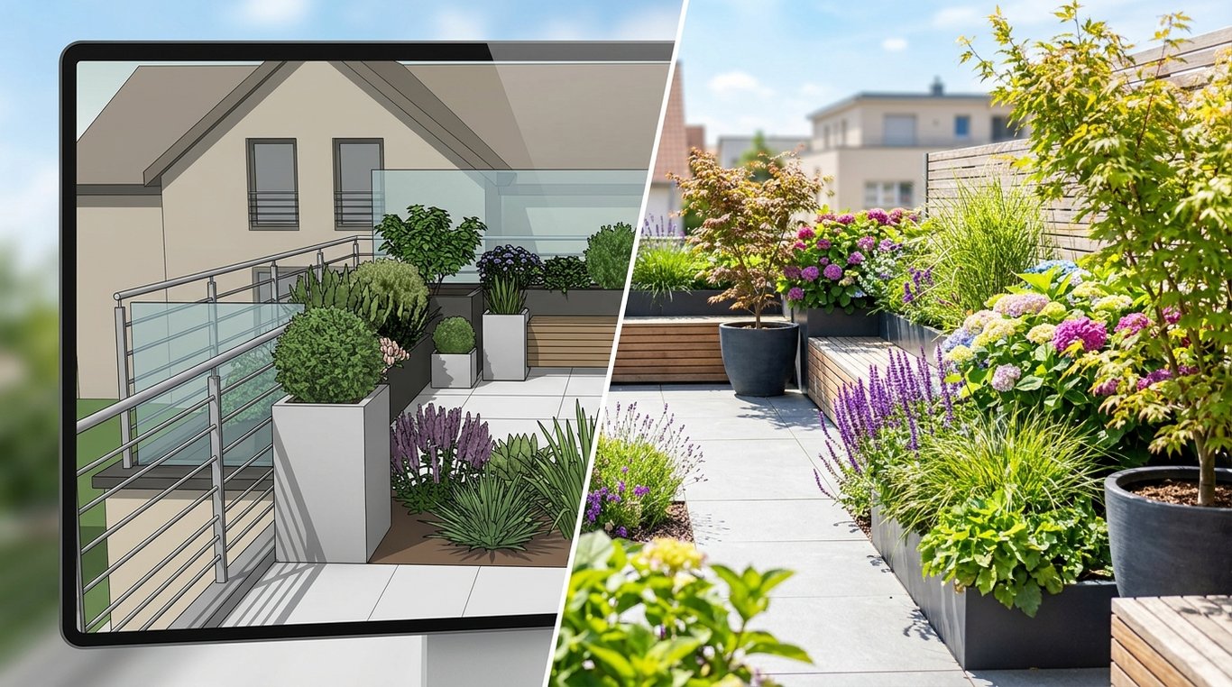 Rendu 3D d’un balcon urbain avant travaux : structure et zones de plantation.