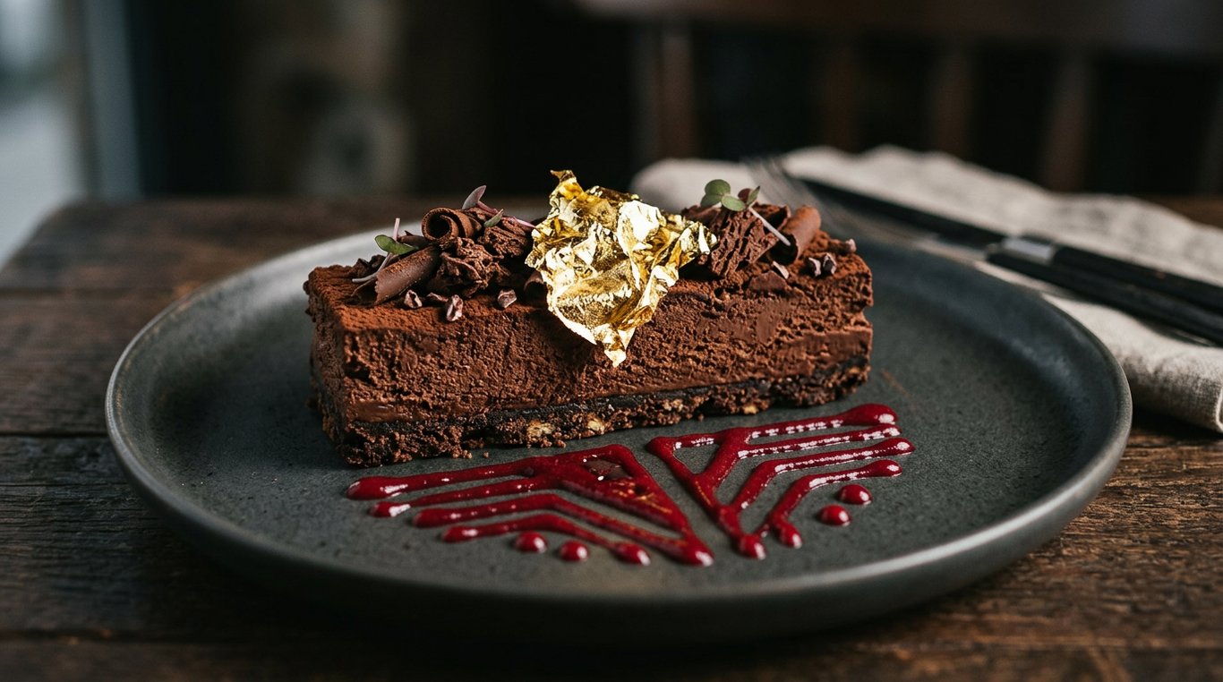 Dessert au chocolat texturé avec feuille d’or comestible et coulis de fruits rouges géométrique