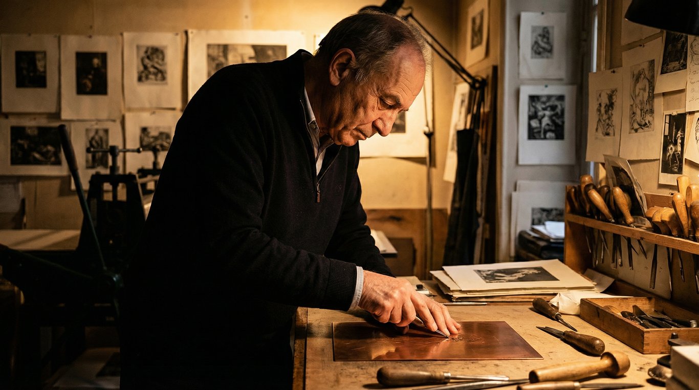 Portrait en noir et blanc de Malik Dubois dans son atelier, souriant avec des outils de gravure en main