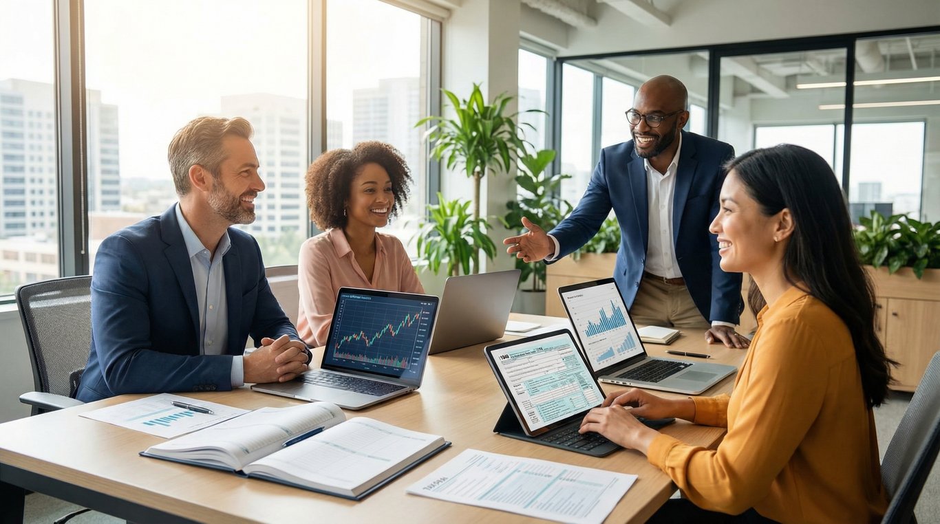 Vue de haut d'un bureau en bois épuré avec des graphiques financiers clairs sur un écran d'ordinateur moderne, une tasse de café fumante, ambiance professionnelle et organisée