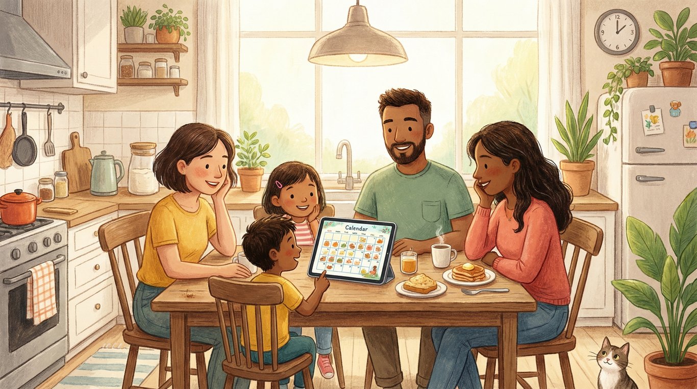 Famille heureuse autour d'une table consultant le calendrier Parentelo