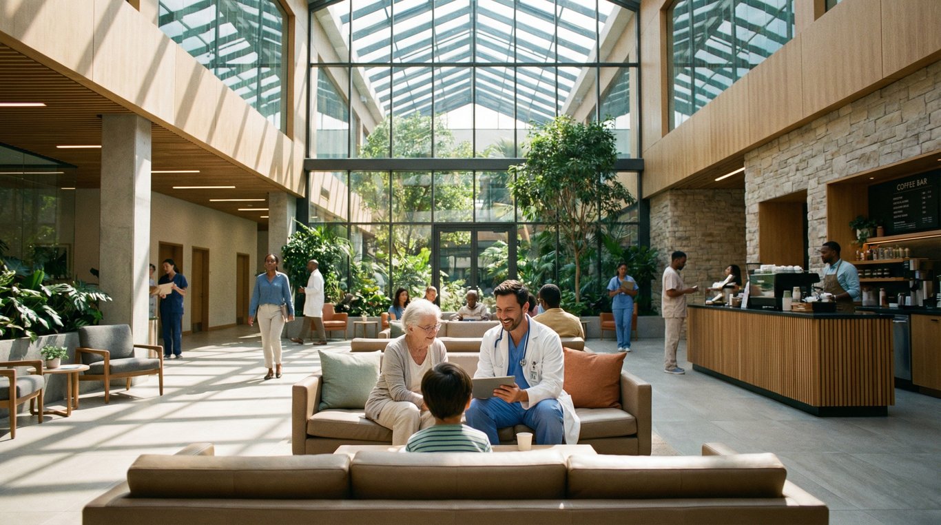 Hall d'accueil lumineux de la clinique Santé Néo avec personnel accueillant