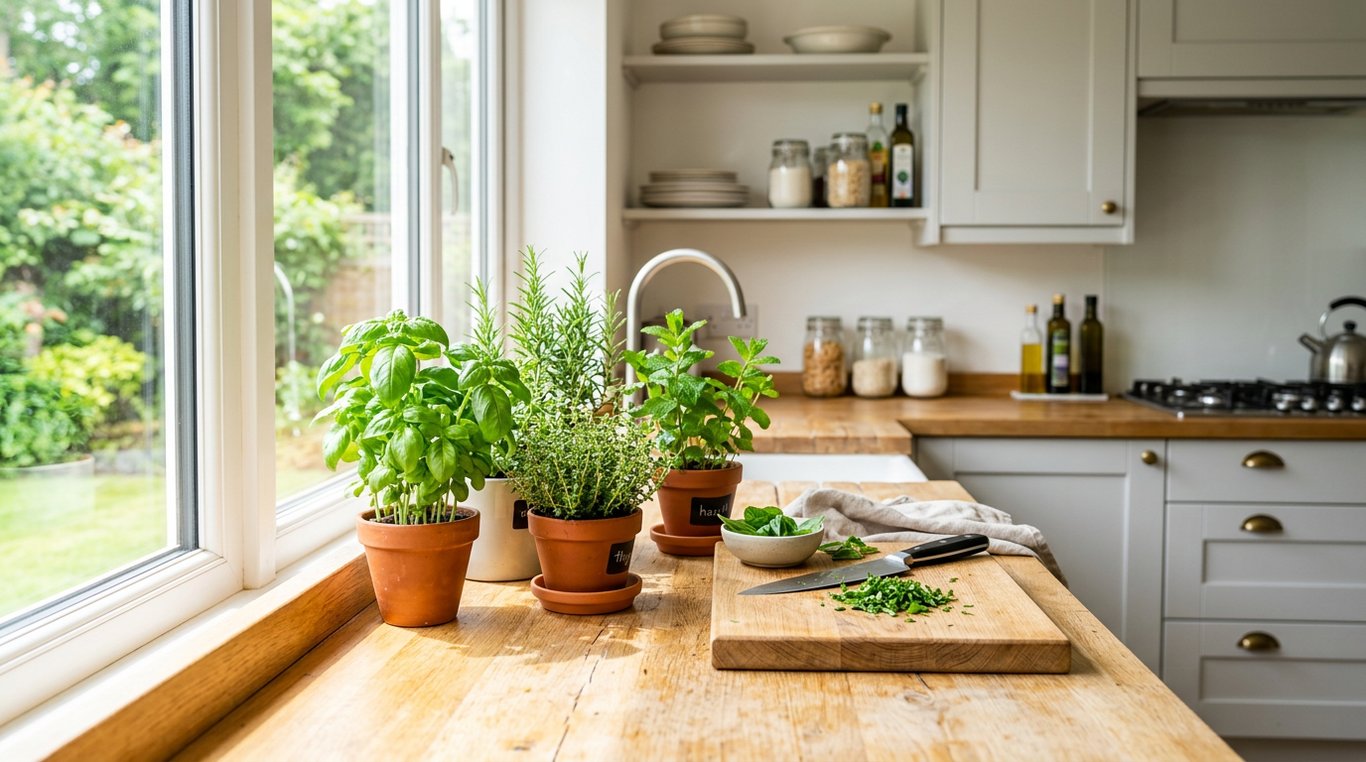 Détail d'un tiroir de cuisine organisé avec des ustensiles en cuivre
