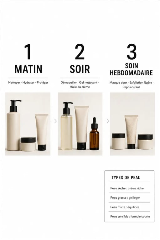 Routine beauté bio illustrée en trois étapes avec conseils matin, soir et soin hebdomadaire selon le type de peau