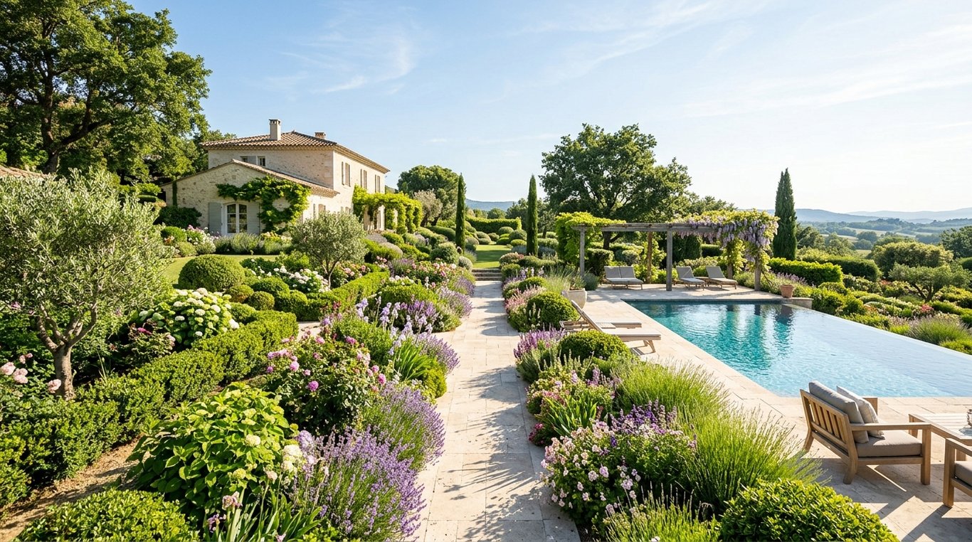 Photographie d'un jardin au lever du soleil, ambiance lumineuse et végétation luxuriante.