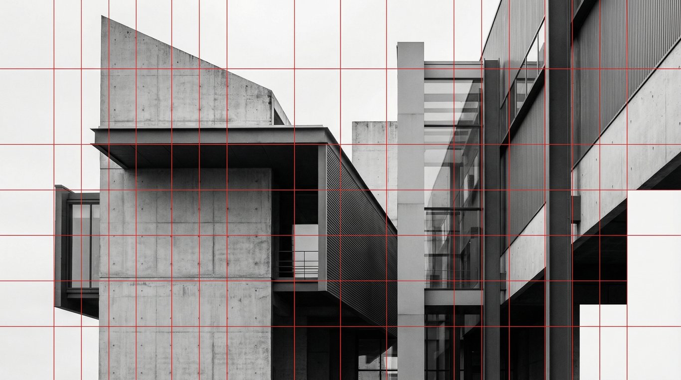 Composition abstraite et architecturale en noir et blanc représentant un bâtiment de presse moderne