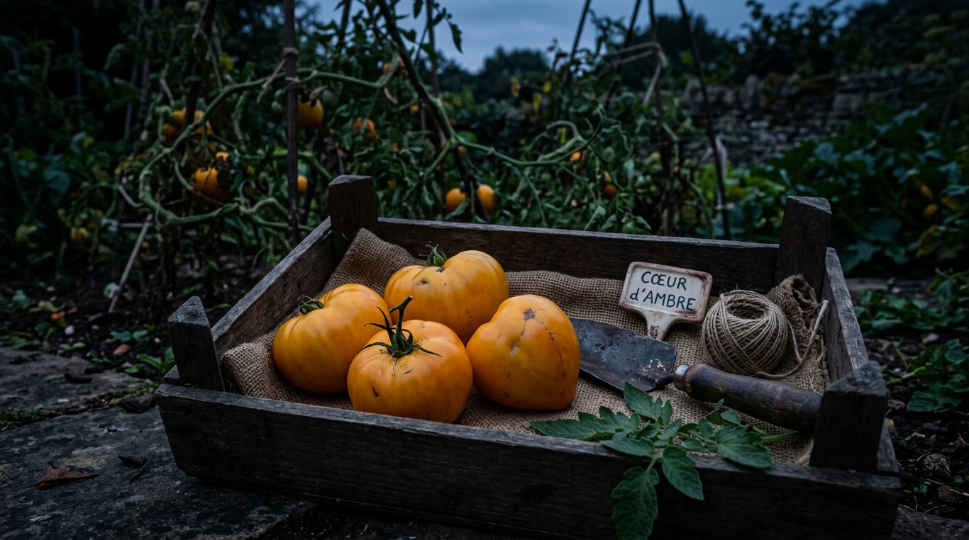 Tomates aux nuances ambrées, inspiration d'une variété ancienne à la chair délicate.
