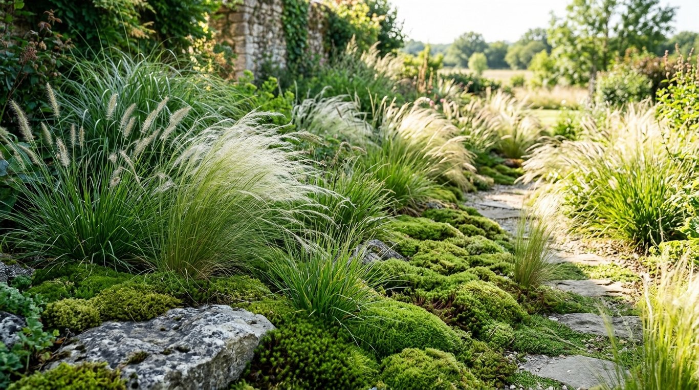 Photo de l’allée Zen réalisée : texture minérale et végétation harmonisée.