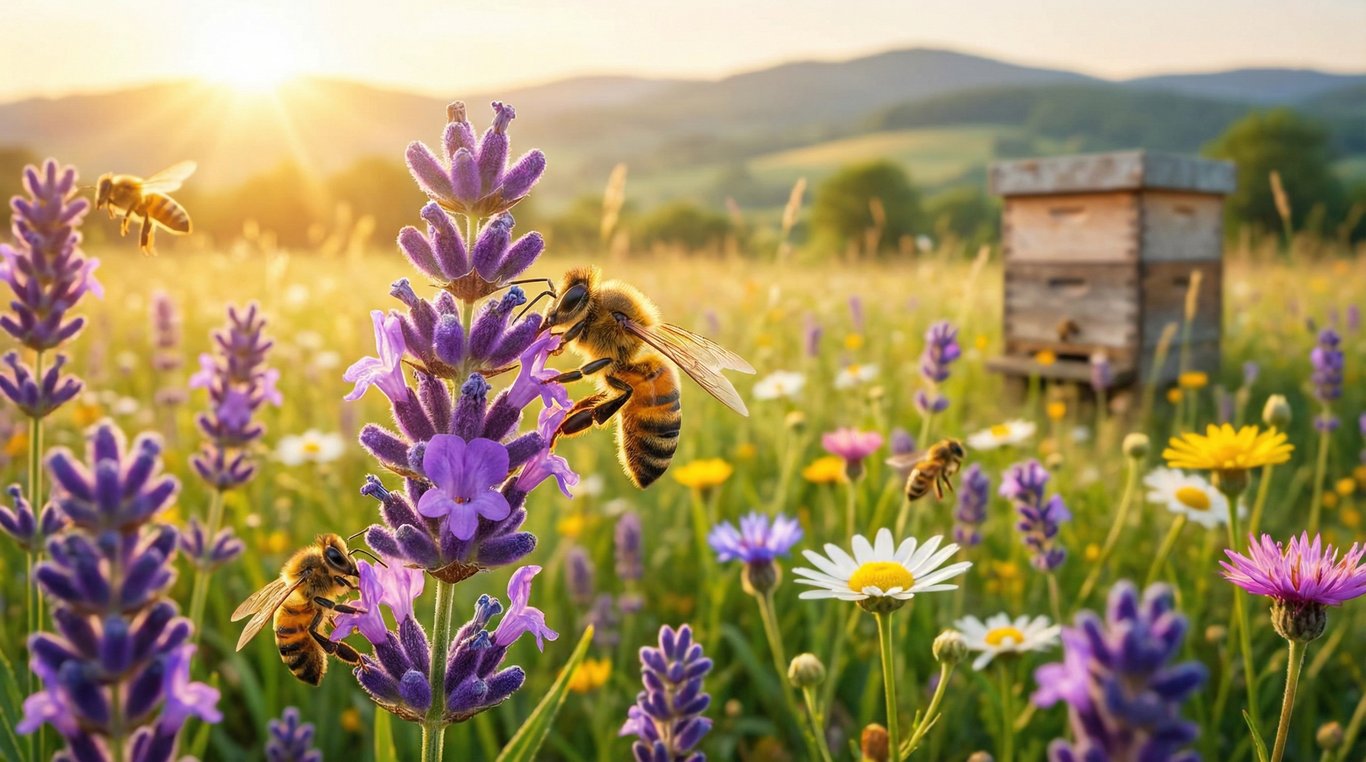 Gros plan sur une abeille butinant une fleur de lavande ensoleillée