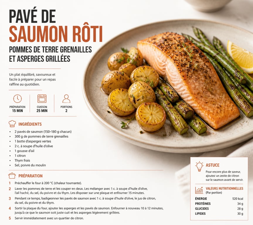 Pavé de saumon au four avec ses accompagnements de grenailles et asperges vertes