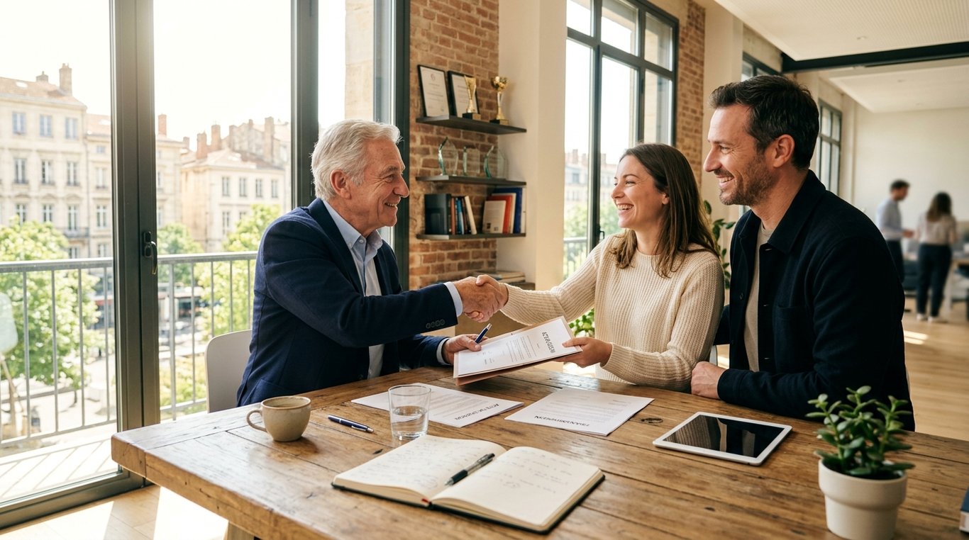 Poignée de main au-dessus d'un contrat signé : symbole de confiance et de réussite dans une transmission d'entreprise.