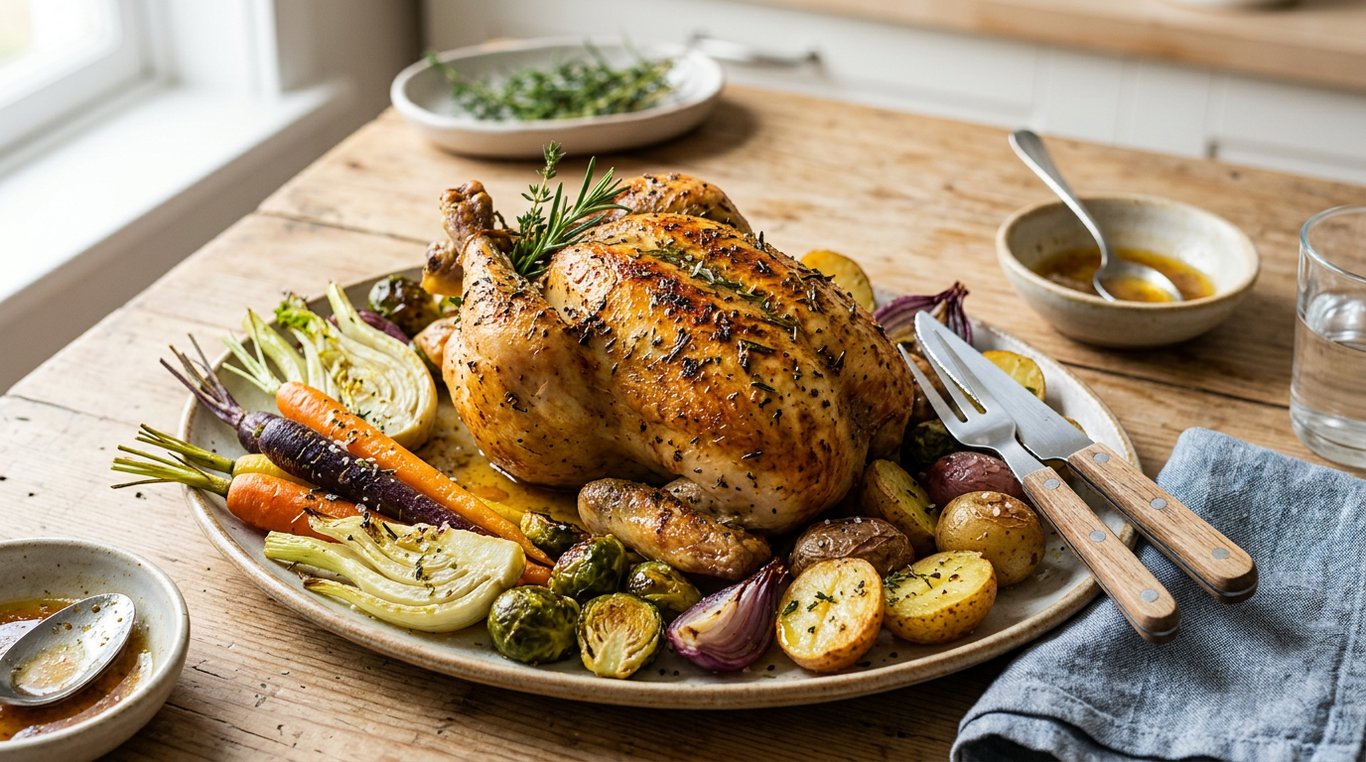 Plat de poulet rôti aux herbes accompagné de légumes de saison