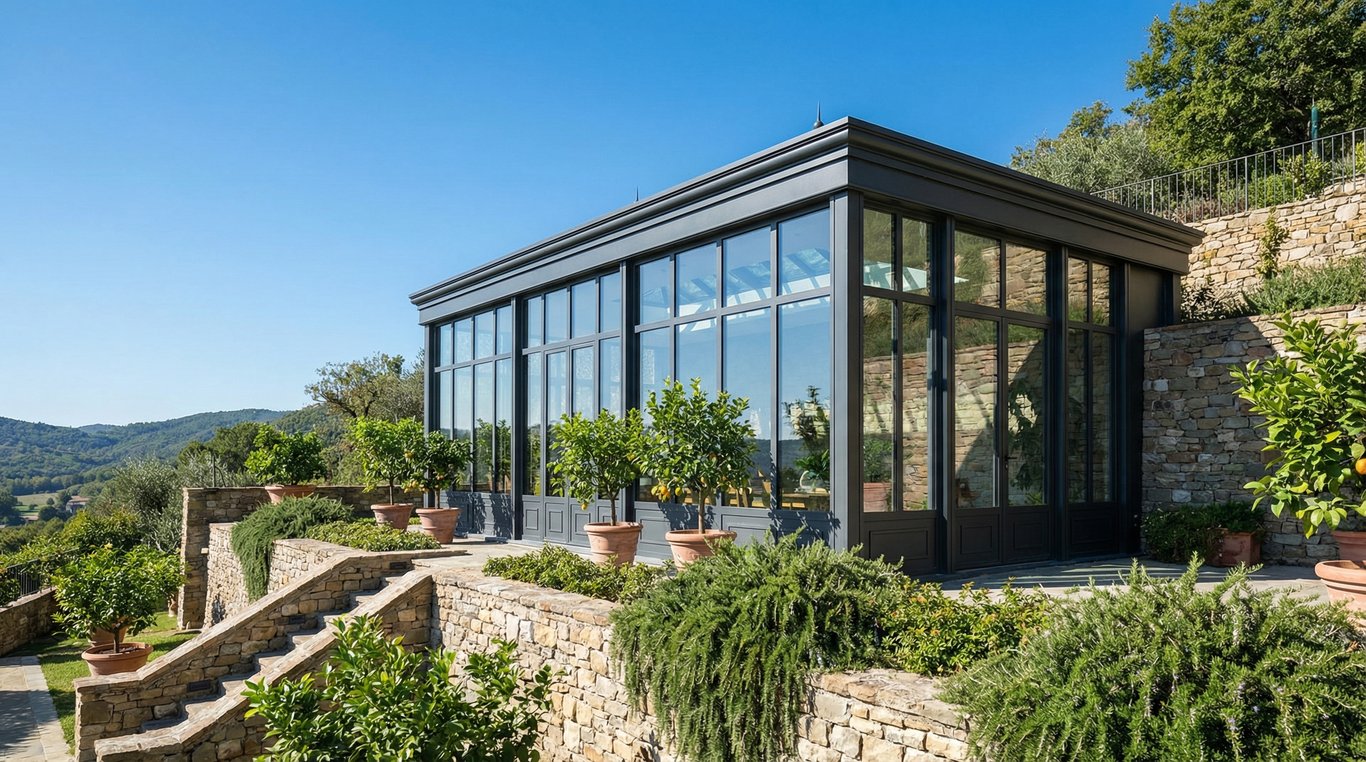 Photo après avec orangerie illuminée et jardin paysager